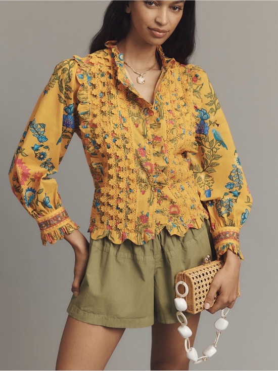 FARM Rio Tops - FARM Rio Mustard Floral Crochet-Trim Peasant Blouse